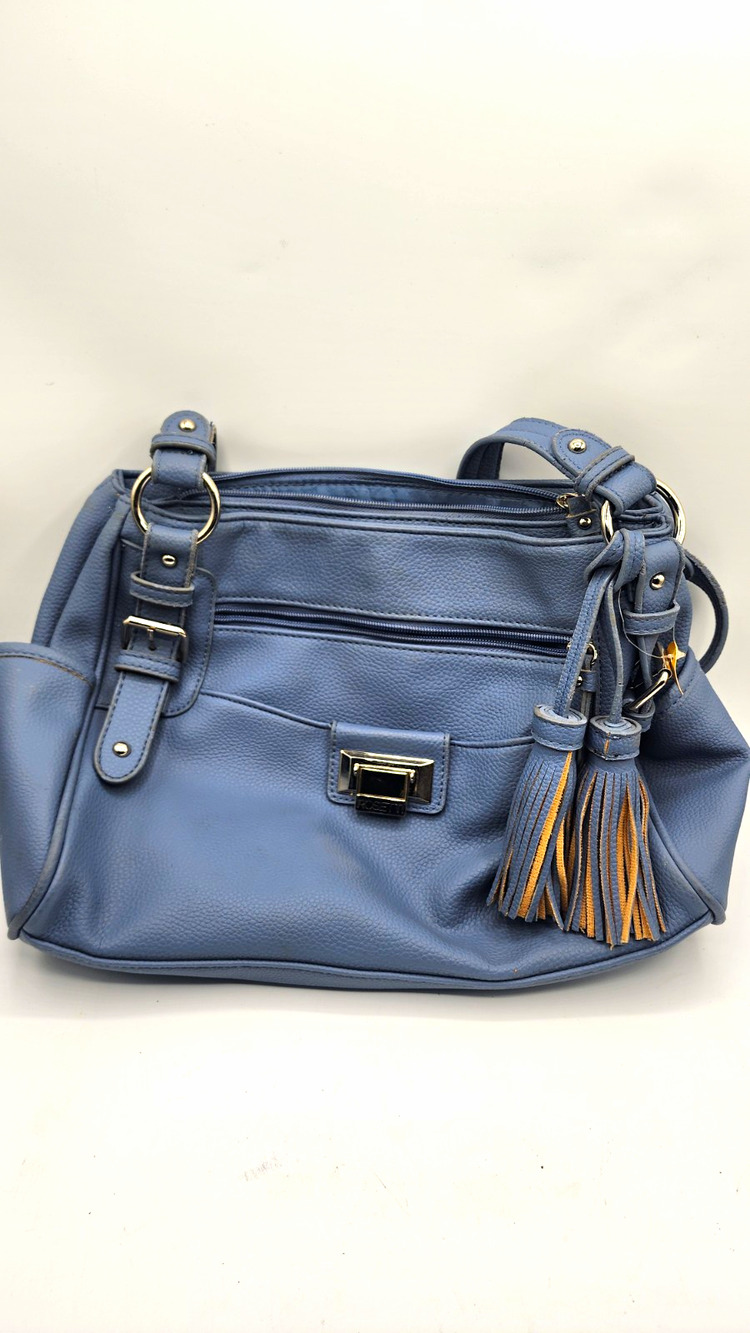 Rosetti Blue Pebbled Shoulder Bag Zip Closure Tassel Charm Pockets Gold